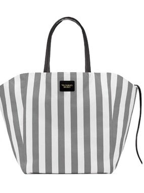 Victoria's Secret Canvas Travel Beach Tote Black  White Vertical Stripe 15”